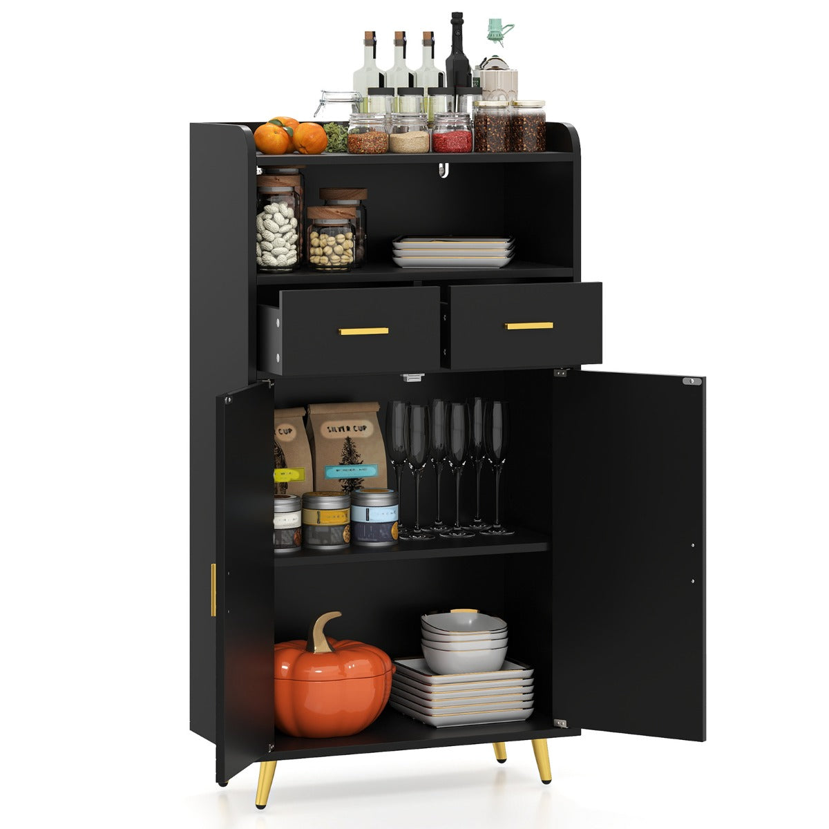 Mobile dispensa 113 cm con ante 2 cassetti e ripiano regolabile per bagno, Armadio da cucina sala da pranzo soggiorno Nero-Credenze buffet
