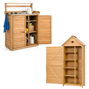 Armadio da esterno per attrezzi in legno e armadio di stoccaggio in legno, Casetta da giardi e tavolo da lavoro con ante-Casette da giardino