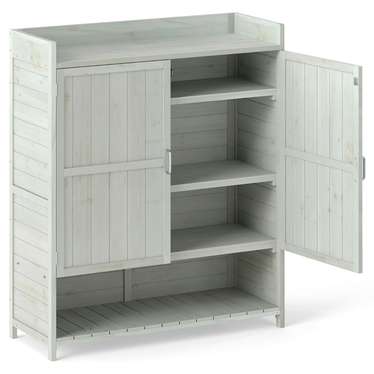 Mobile in legno massello per patio con ripiani rimovibili e 2 ante-Armadio da giardinaggio da esterno con ripostiglio