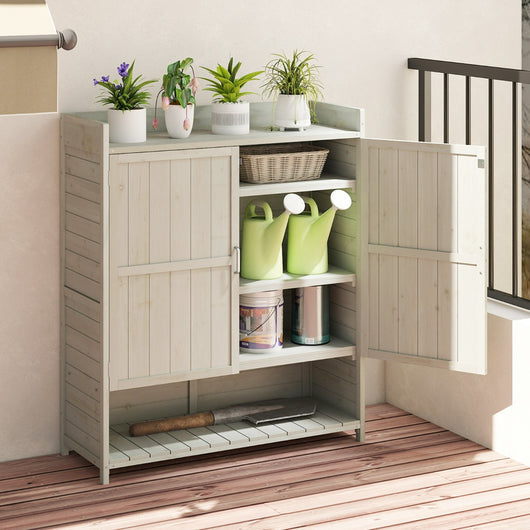 Mobile in legno massello per patio con ripiani rimovibili e 2 ante-Armadio da giardinaggio da esterno con ripostiglio