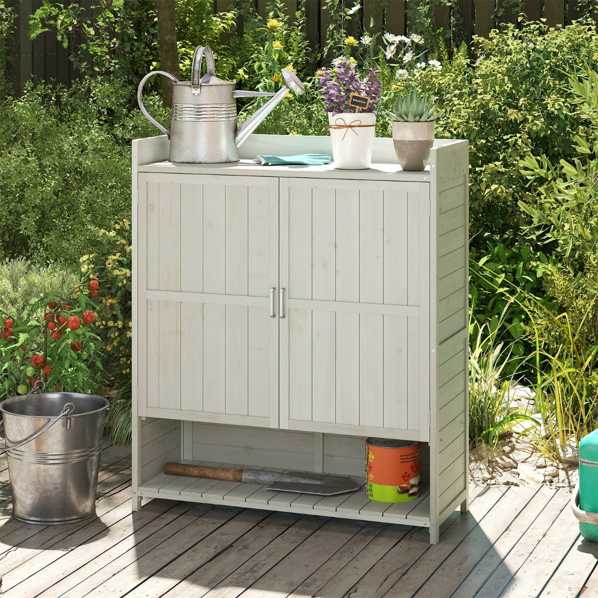 Mobile in legno massello per patio con ripiani rimovibili e 2 ante-Armadio da giardinaggio da esterno con ripostiglio