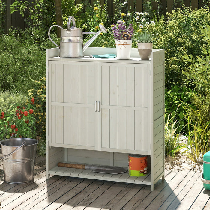 Mobile in legno massello per patio con ripiani rimovibili e 2 ante-Armadio da giardinaggio da esterno con ripostiglio