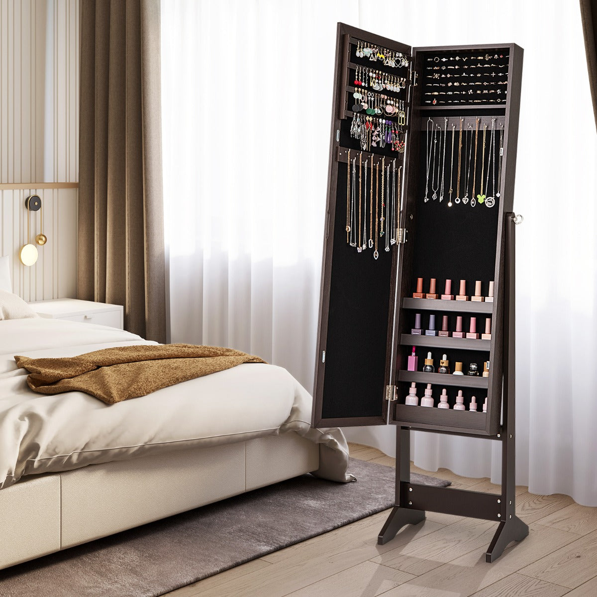 Armadio portagioie con specchio a figura intera, Armadio per gioielli con 64 spazi per orecchini Marrone-Armadietti per gioielli