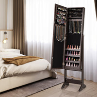 Armadio portagioie con specchio a figura intera, Armadio per gioielli con 64 spazi per orecchini Marrone-Armadietti per gioielli