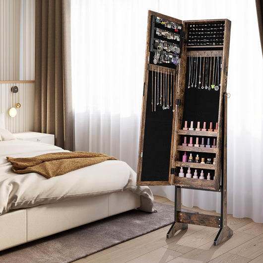 Armadio portagioie con specchio a figura intera, Armadio per gioielli con 64 spazi per orecchini Noce-Armadietti per gioielli