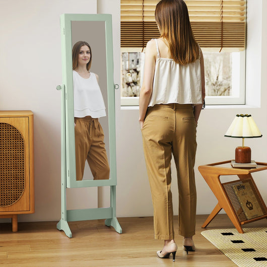 Armadio portagioie con specchio a figura intera, Armadio per gioielli con 64 spazi per orecchini Verde-Armadietti per gioielli