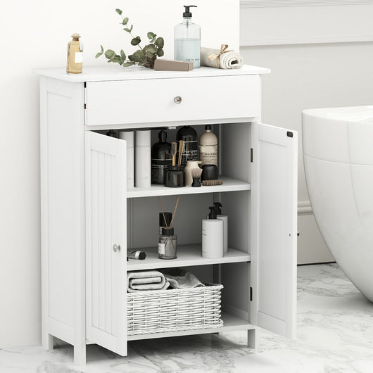 Armadio da pavimento per bagno con 1 ripiano regolabile, Organizzatore di stoccaggio con 2 porte e 1 cassetto Bianco-Armadietti da bagno