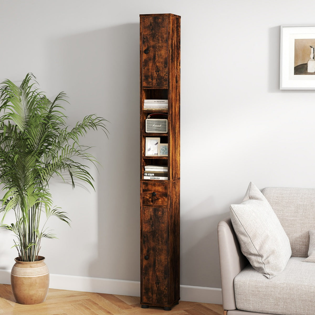 Armadio da bagno alto-Mobiletto da bagno slim con 1 cassetto di stoccaggio, Armadio da bagno 5 ripiani regolabili struttura antiscivolo Marrone