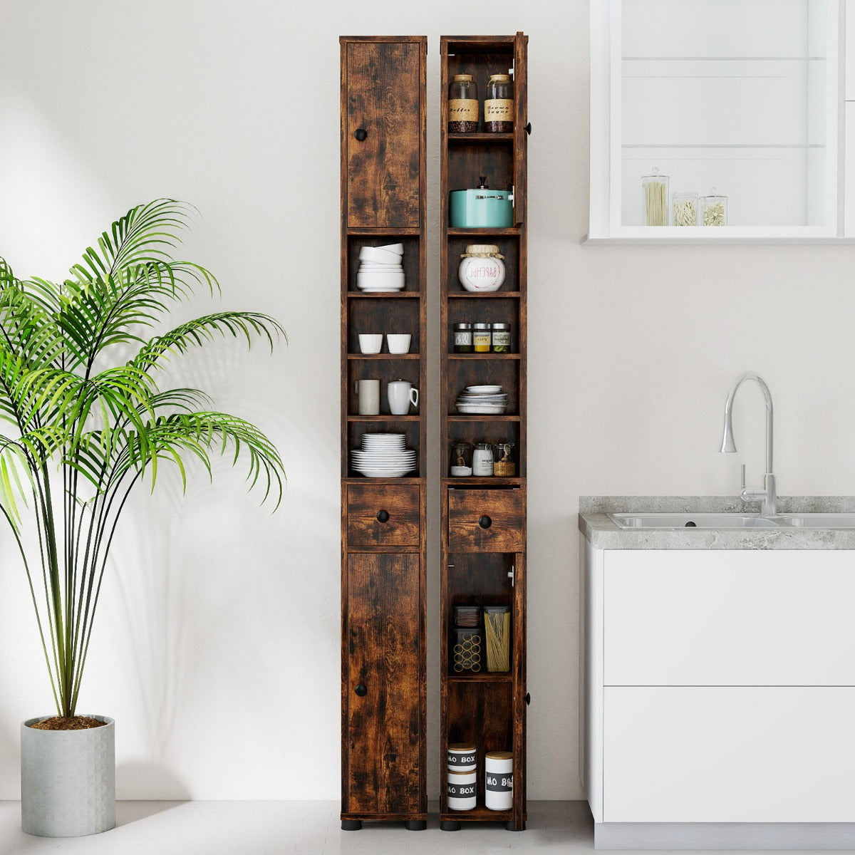 Armadio da bagno alto-Mobiletto da bagno slim con 1 cassetto di stoccaggio, Armadio da bagno 5 ripiani regolabili struttura antiscivolo Marrone