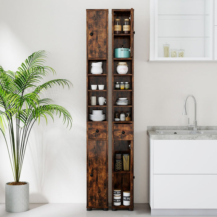 Armadio da bagno alto-Mobiletto da bagno slim con 1 cassetto di stoccaggio, Armadio da bagno 5 ripiani regolabili struttura antiscivolo Marrone