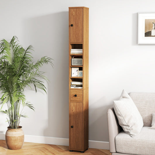 Armadio da bagno alto-Mobiletto da bagno slim con 1 cassetto di stoccaggio, Armadio da bagno 5 ripiani regolabili struttura antiscivolo Legno naturale