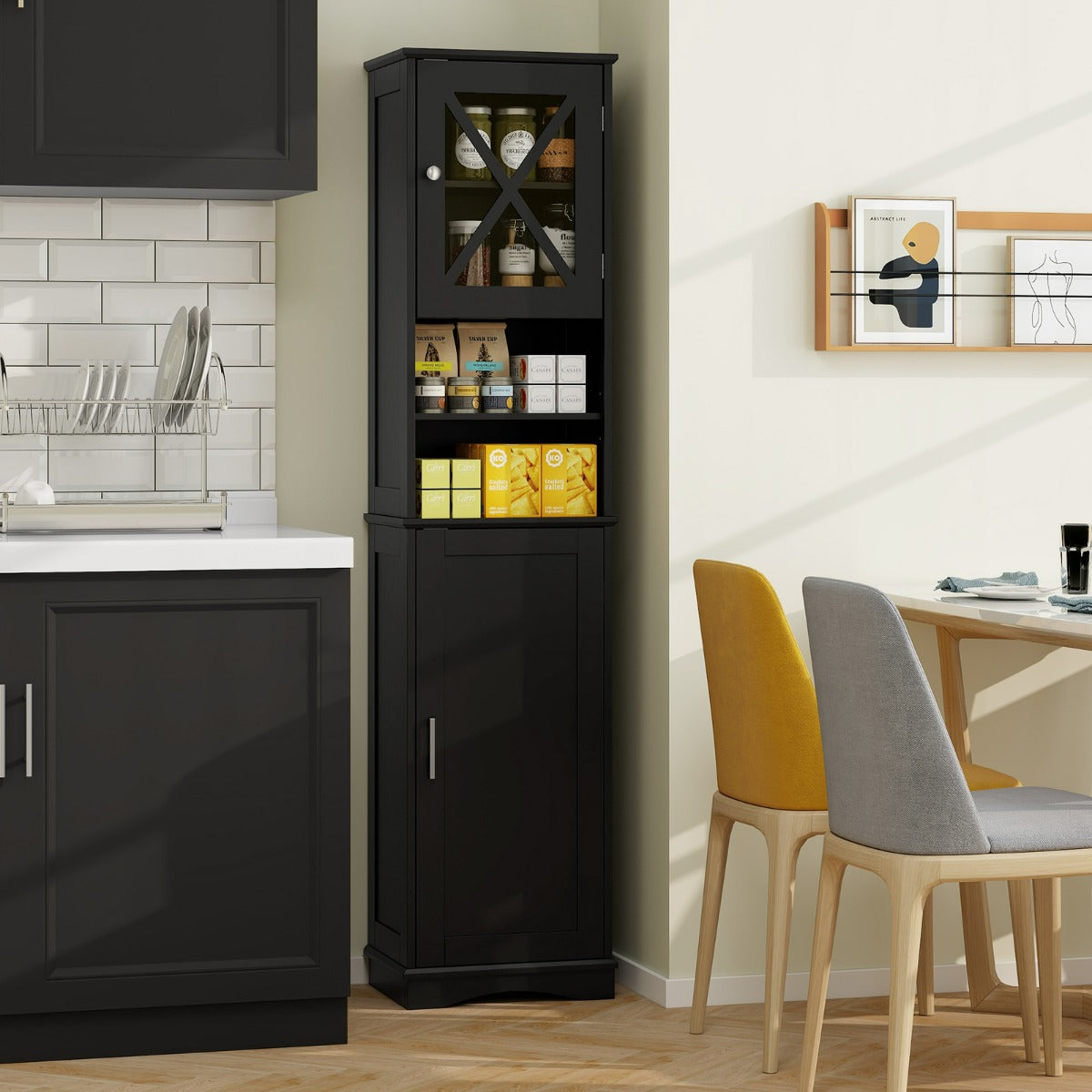 Armadio da bagno alto-Mobiletto da bagno salvaspazio con 5 ripiani regolabili, Armadio sottile da terra per angolo stretto Nero