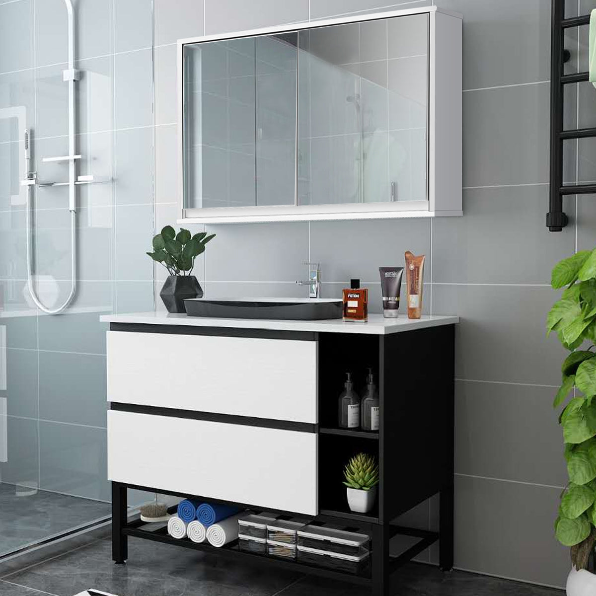 Armadio del bagno montato al muro con doppio specchio, Armadio multiuso per bagno e medicinali 55x14x45cm Bianco-Armadi da parete