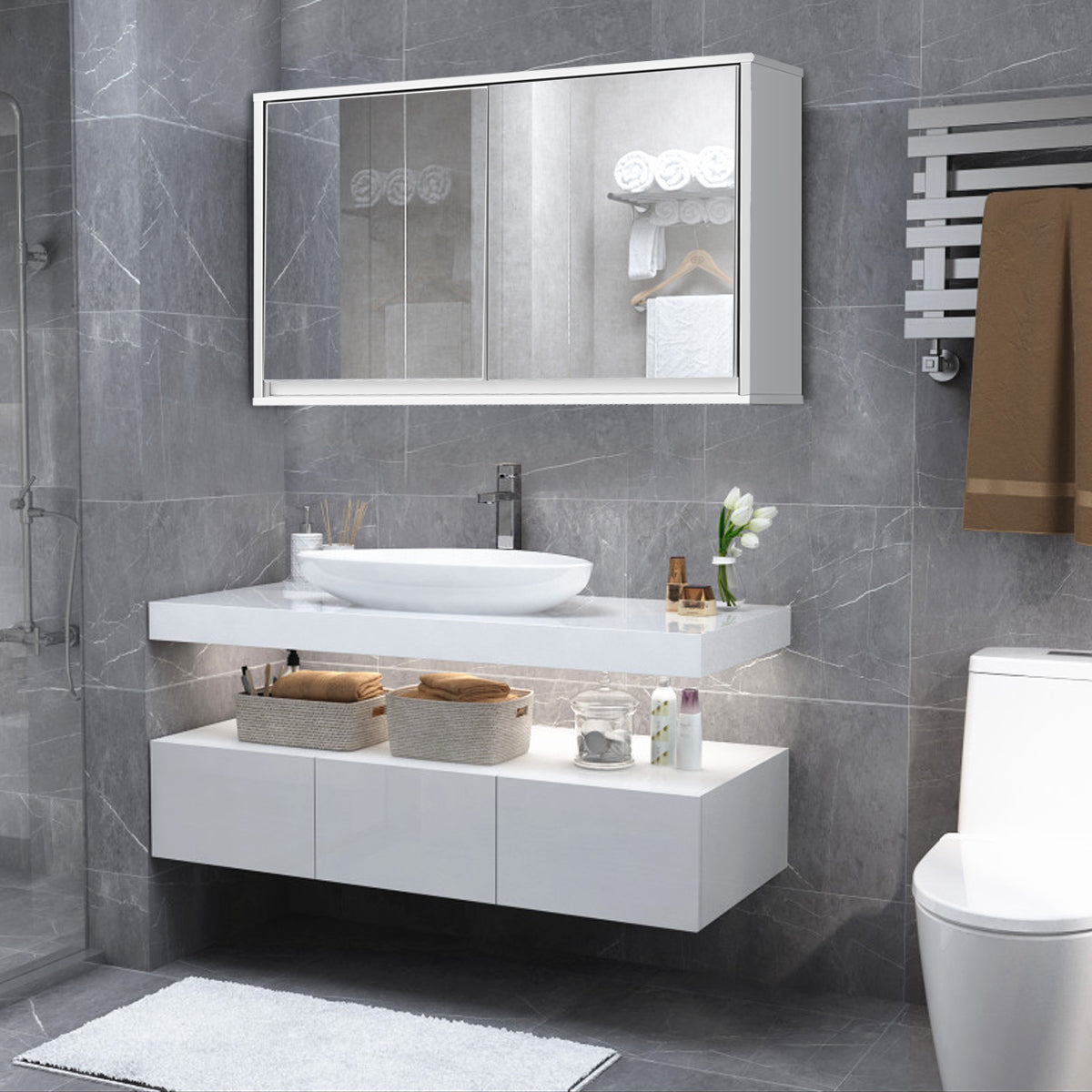 Armadio del bagno montato al muro con doppio specchio, Armadio multiuso per bagno e medicinali 55x14x45cm Bianco-Armadi da parete
