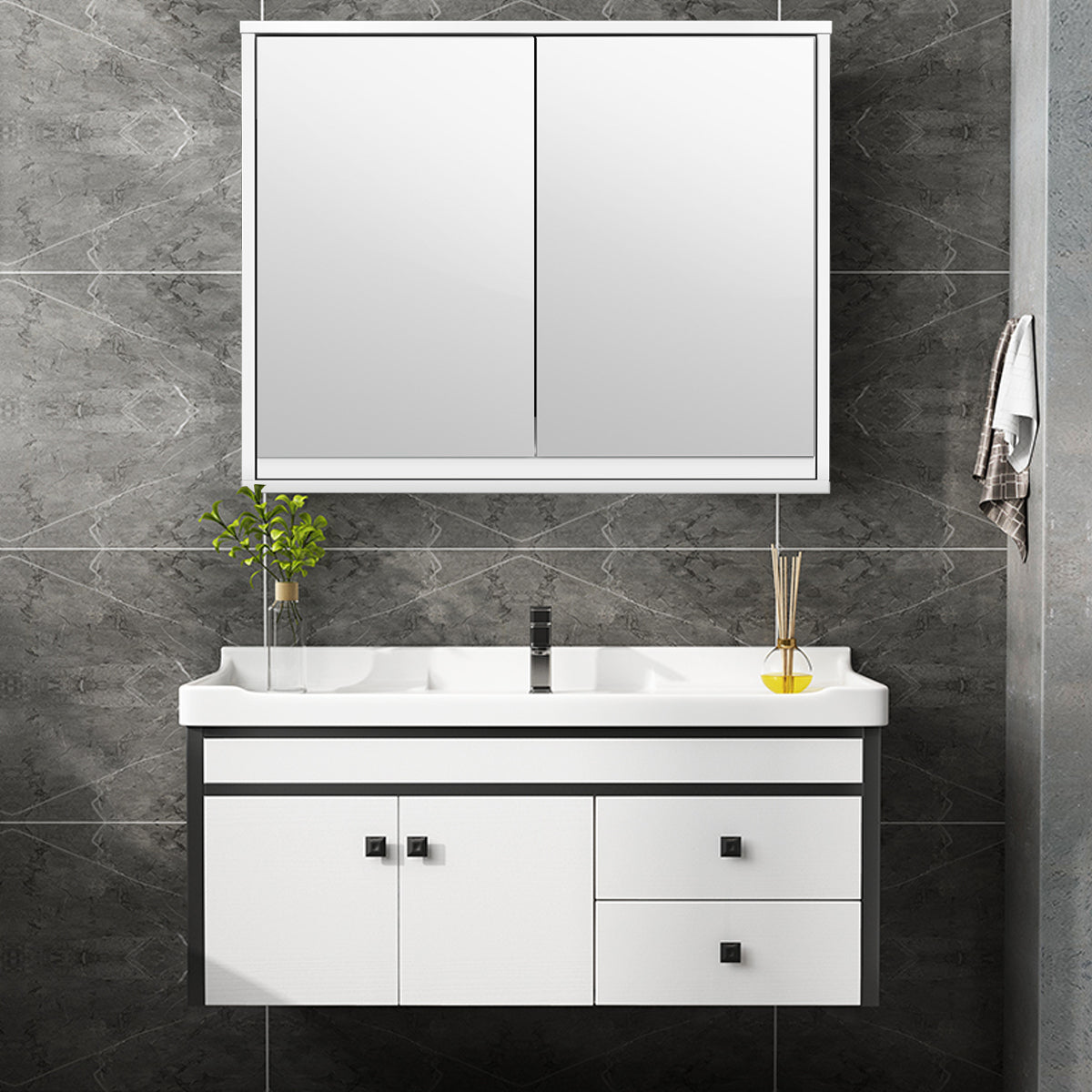 Armadio del bagno montato al muro con doppio specchio, Armadio multiuso per bagno e medicinali 55x14x45cm Bianco-Armadi da parete