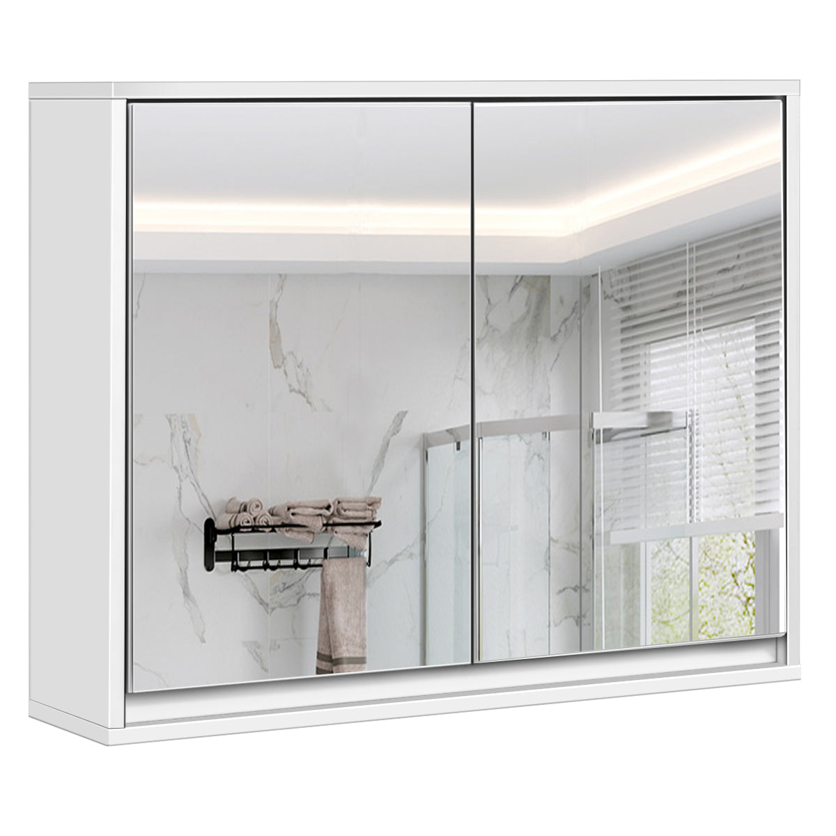 Armadio del bagno montato al muro con doppio specchio, Armadio multiuso per bagno e medicinali 55x14x45cm Bianco-Armadi da parete