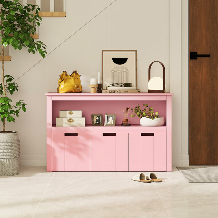 Armadio di legno con 3 cassetti e ruote per salone e camera da letto, Organizer per giocattoli dei bambini Rosa-Credenze buffet