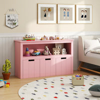 Armadio di legno con 3 cassetti e ruote per salone e camera da letto, Organizer per giocattoli dei bambini Rosa-Credenze buffet