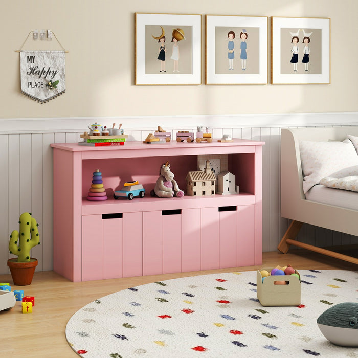 Armadio di legno con 3 cassetti e ruote per salone e camera da letto, Organizer per giocattoli dei bambini Rosa-Credenze buffet