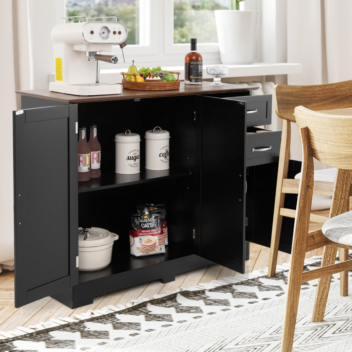 Armadio di stoccaggio moderno con 2 ante e 2 cassetti, Credenza buffet con ripiano regolabile per cucina Nero-Credenze buffet