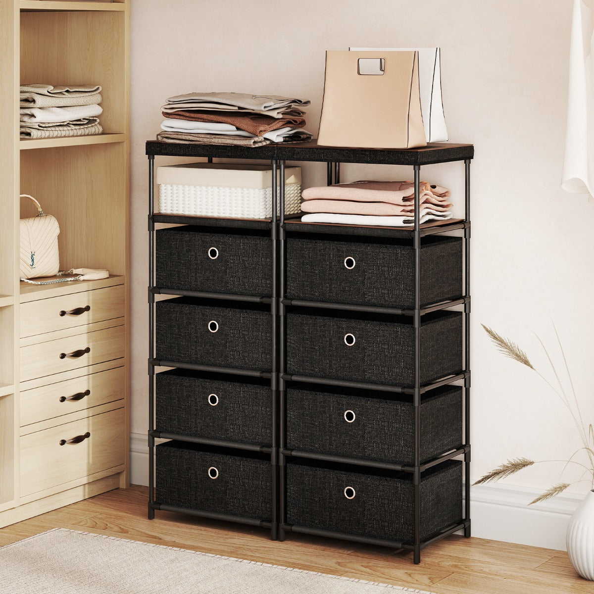 Com¨° con 4 cassetti con piano superiore in legno e struttura metallica, Mobile di stoccaggio in tessuto Nero-Cassettiere