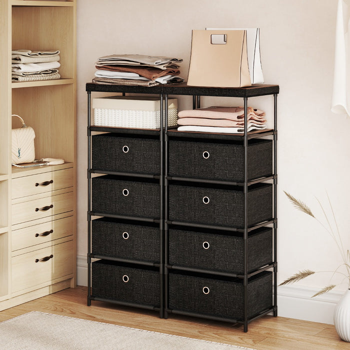 Com¨° con 4 cassetti con piano superiore in legno e struttura metallica, Mobile di stoccaggio in tessuto Nero-Cassettiere