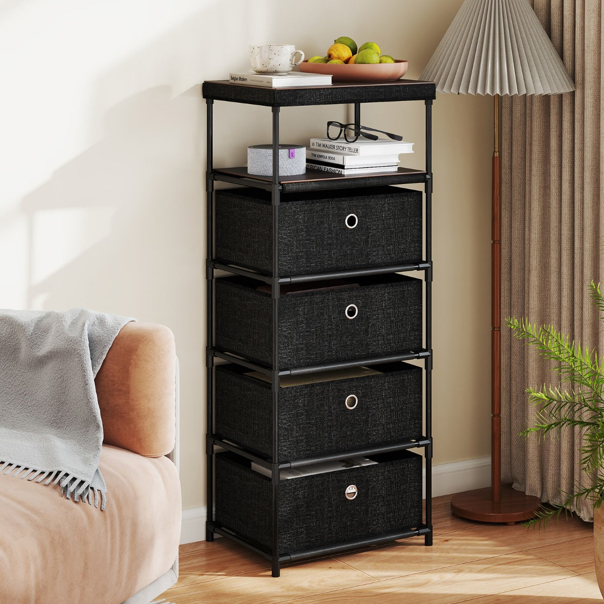 Com¨° con 4 cassetti con piano superiore in legno e struttura metallica, Mobile di stoccaggio in tessuto Nero-Cassettiere