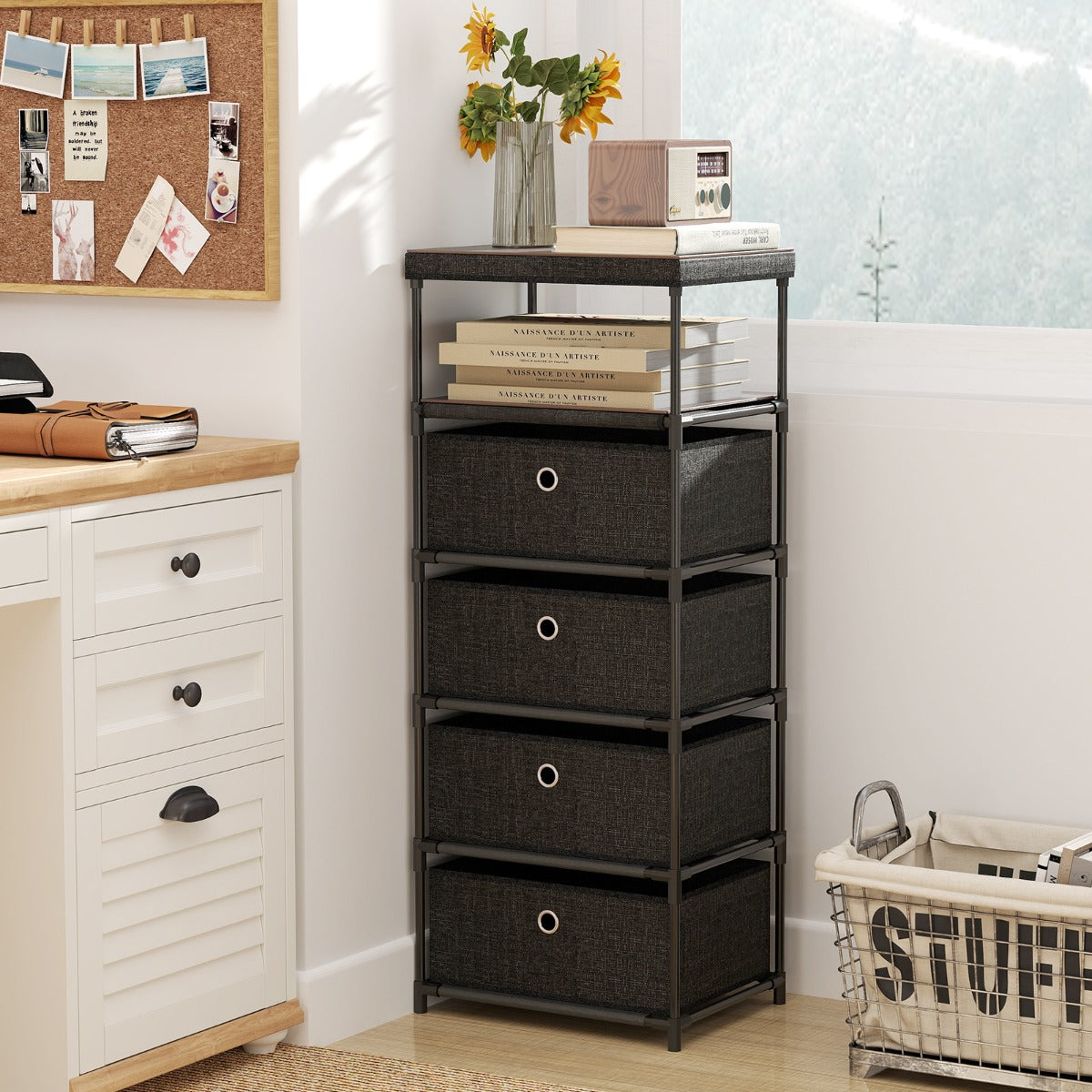 Com¨° con 4 cassetti con piano superiore in legno e struttura metallica, Mobile di stoccaggio in tessuto Nero-Cassettiere