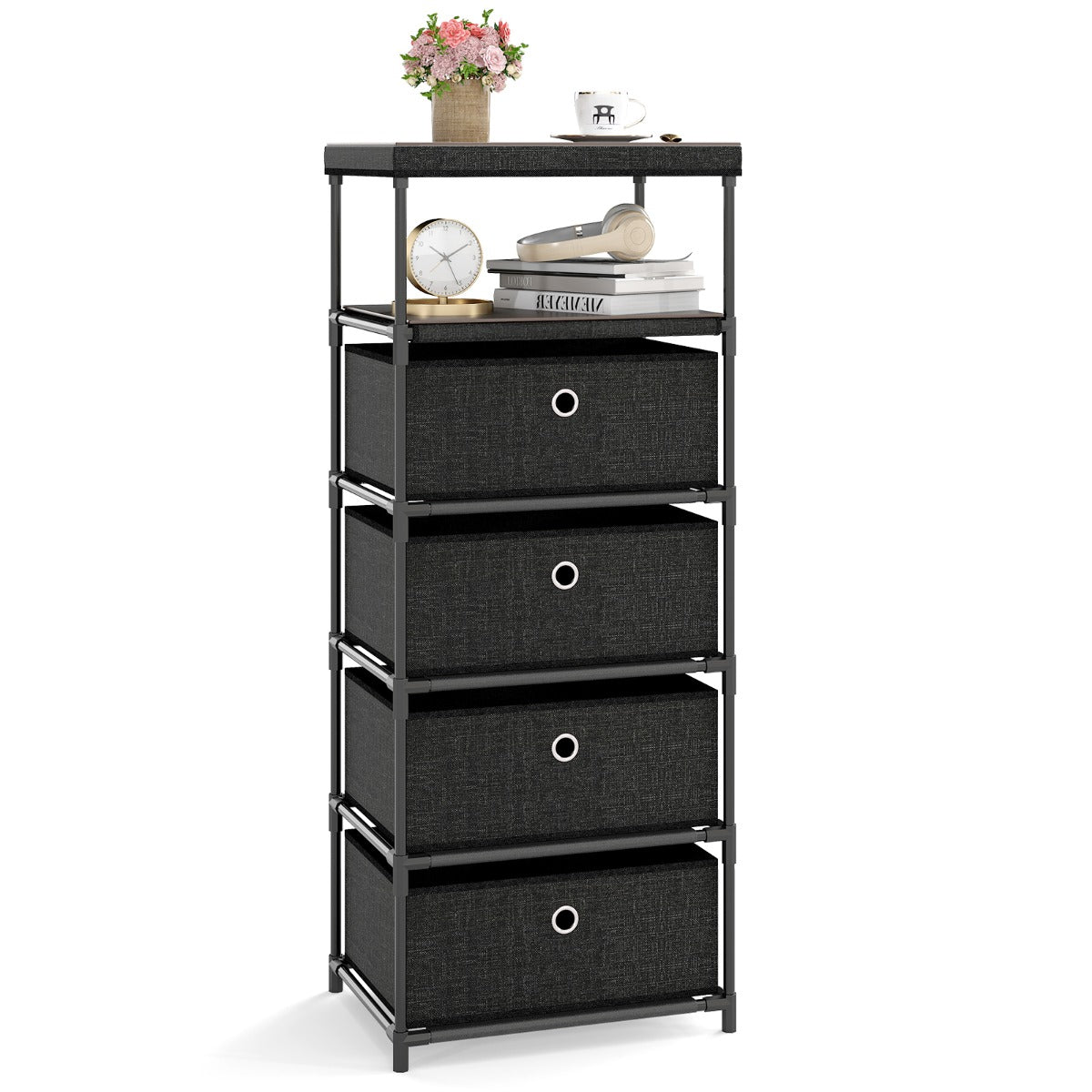 Com¨° con 4 cassetti con piano superiore in legno e struttura metallica, Mobile di stoccaggio in tessuto Nero-Cassettiere