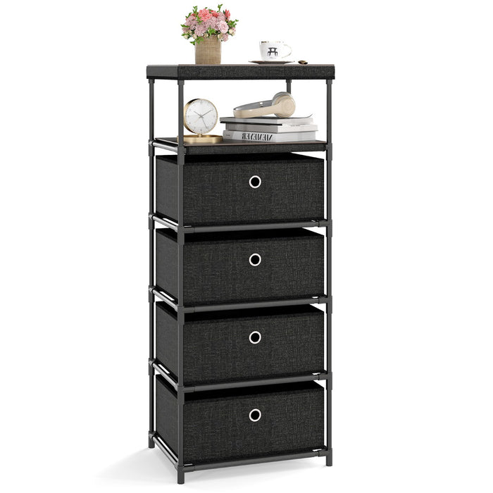 Com¨° con 4 cassetti con piano superiore in legno e struttura metallica, Mobile di stoccaggio in tessuto Nero-Cassettiere