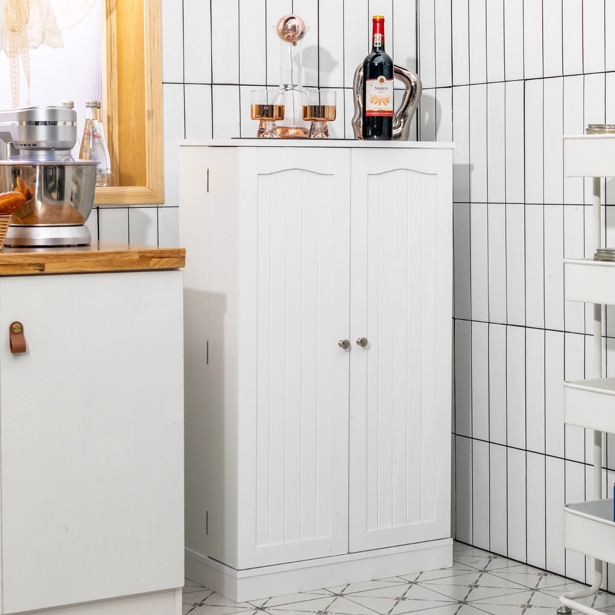 Armadio dispensa con doppia anta e 6 ripiani regolabili-Buffet-Armadio da cucina Credenza con 17 livelli per sala da pranzo Bianco