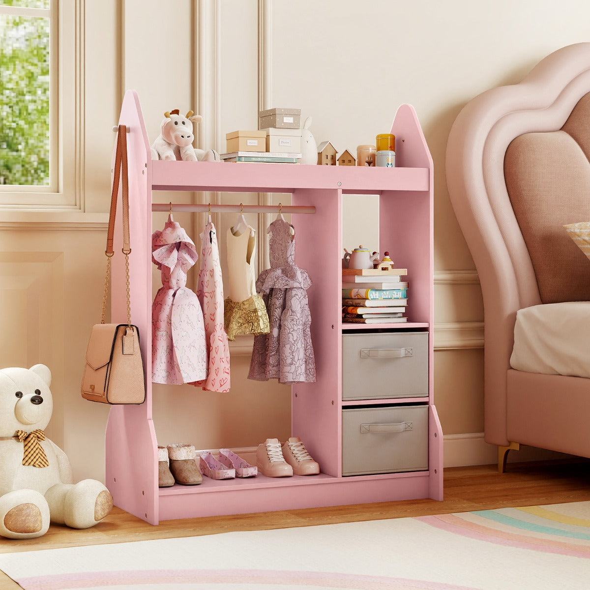 Armadio gioco bambini centro travestimenti specchio acrilico, Armadio gioco appendiabiti mensola superiore Rosa-Scaffalature