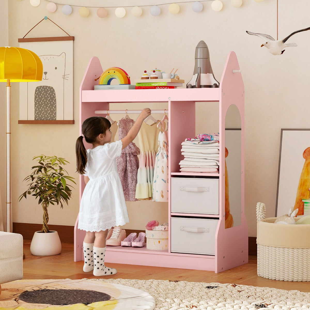Armadio gioco bambini centro travestimenti specchio acrilico, Armadio gioco appendiabiti mensola superiore Rosa-Scaffalature