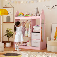 Armadio gioco bambini centro travestimenti specchio acrilico, Armadio gioco appendiabiti mensola superiore Rosa-Scaffalature