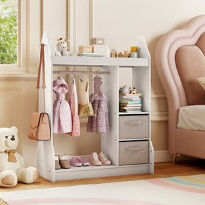 Armadio gioco bambini centro travestimenti specchio acrilico, Armadio gioco appendiabiti mensola superiore Bianco-Scaffalature