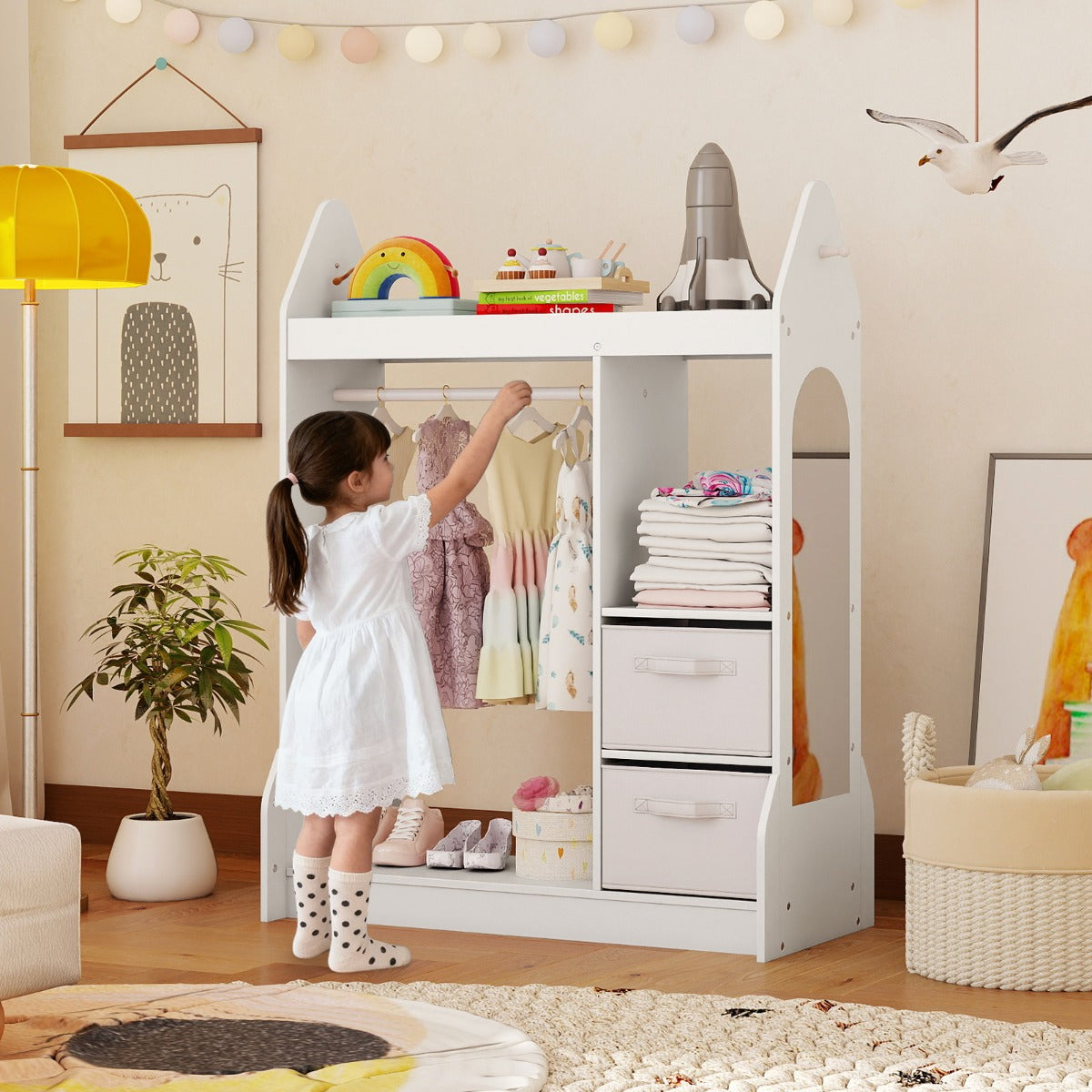 Armadio gioco bambini centro travestimenti specchio acrilico, Armadio gioco appendiabiti mensola superiore Bianco-Scaffalature