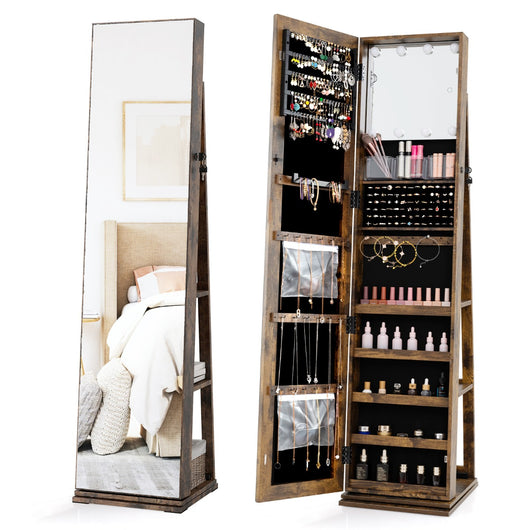 Armadio gioielli girevole a 360¡ãcon specchio a figura Intera e mensole posteriori-Armadio gioielli girevole armadio da terra portagioielli con Luci