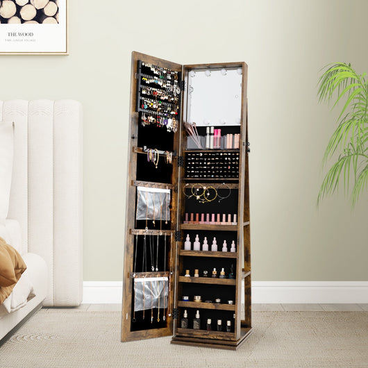 Armadio gioielli girevole a 360¡ãcon specchio a figura Intera e mensole posteriori-Armadio gioielli girevole armadio da terra portagioielli con Luci