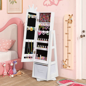 Armadio gioielli per bambini con specchio a figura intera autonomo e base girevole, Armadio portagioie per ragazze Bianco-Armadietti per gioielli