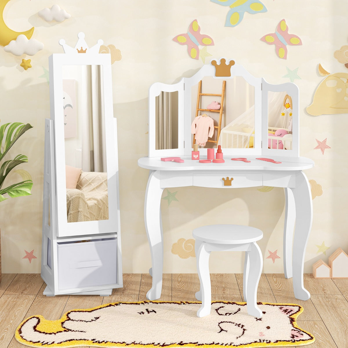 Armadio gioielli per bambini con specchio a figura intera autonomo e base girevole, Armadio portagioie per ragazze Bianco-Armadietti per gioielli