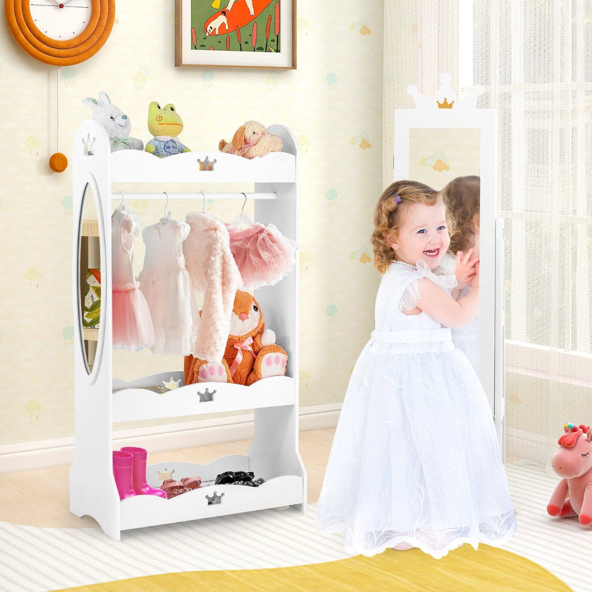Armadio gioielli per bambini con specchio a figura intera autonomo e base girevole, Armadio portagioie per ragazze Bianco-Armadietti per gioielli