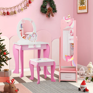 Armadio gioielli per bambini con contenitore e 2 angoli regolabili, Specchio a lunghezza intera con ganci ripiani Rosa-Armadietti per gioielli