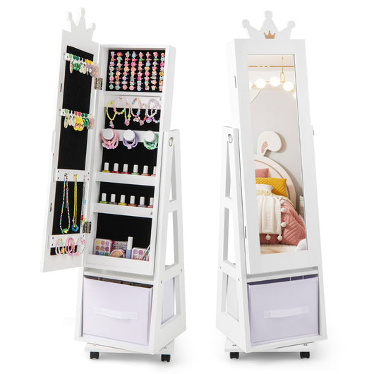 Armadio gioielli per bambini con base girevole, Specchio da trucco per bambini con spazio di stoccaggio Bianco-Armadietti per gioielli