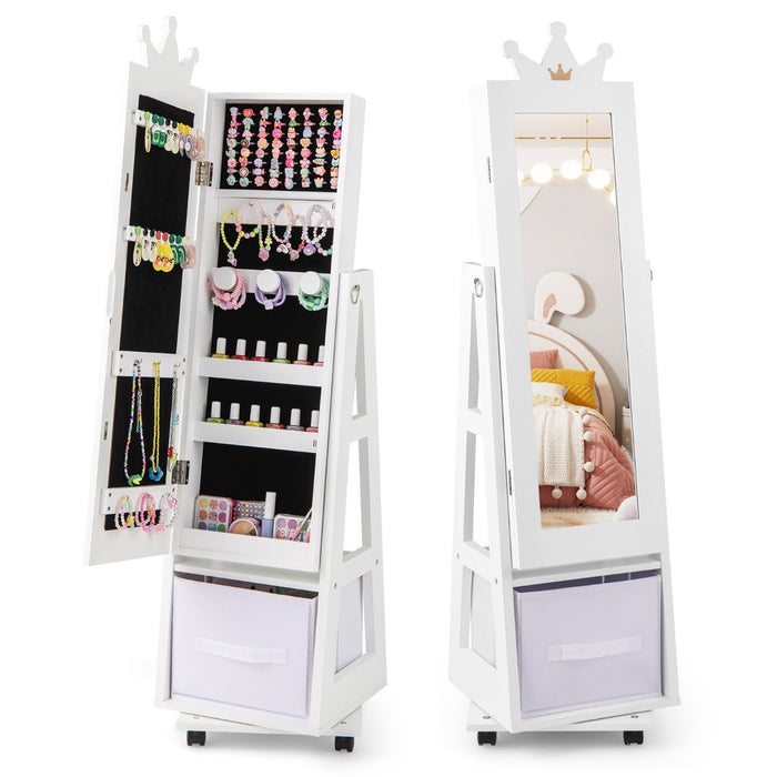 Armadio gioielli per bambini con base girevole, Specchio da trucco per bambini con spazio di stoccaggio Bianco-Armadietti per gioielli