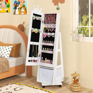 Armadio gioielli per bambini con base girevole, Specchio da trucco per bambini con spazio di stoccaggio Bianco-Armadietti per gioielli
