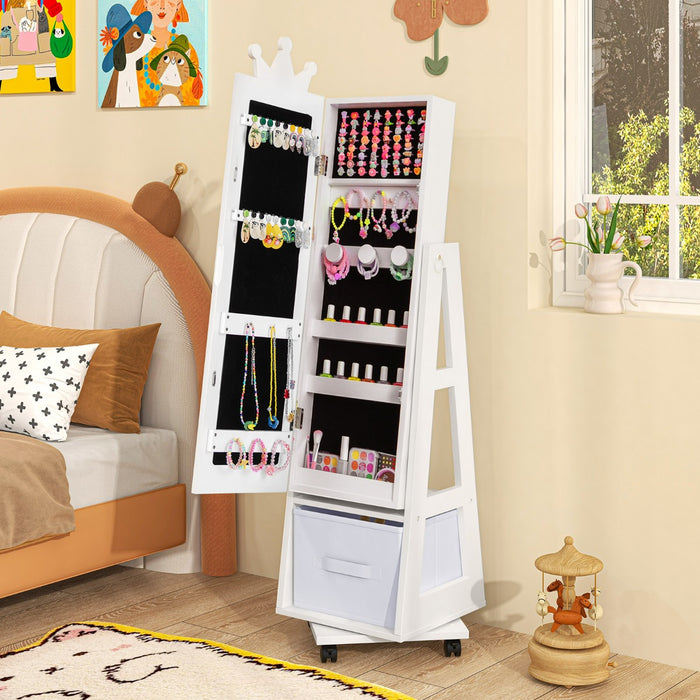 Armadio gioielli per bambini con base girevole, Specchio da trucco per bambini con spazio di stoccaggio Bianco-Armadietti per gioielli