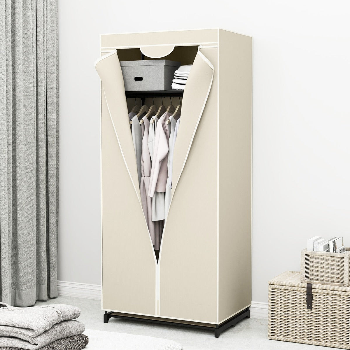 Armadio appendiabiti in tessuto pieghevole con tubo in metallo 74x50x172cm Beige-Armadi Appendiabiti