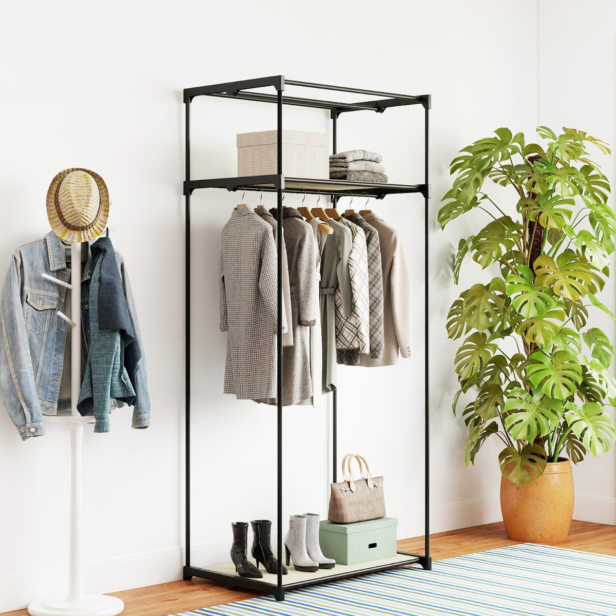 Armadio appendiabiti in tessuto pieghevole con tubo in metallo 74x50x172cm Beige-Armadi Appendiabiti