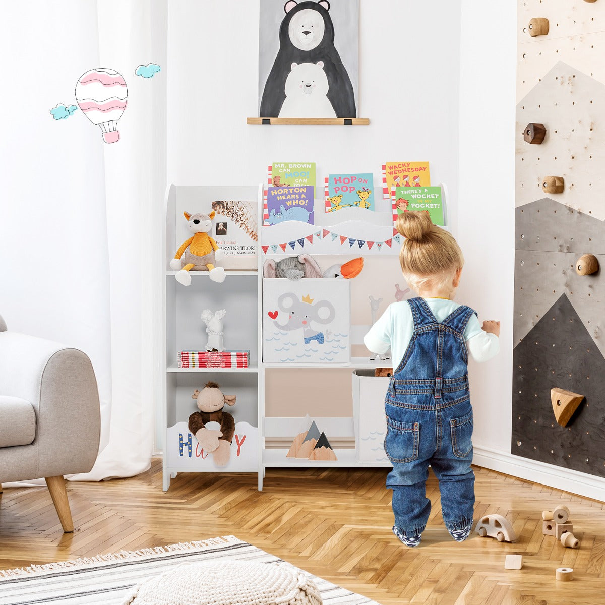 Armadio a 3 livelli con 5 scompartimenti e 2 cassetti, Organizer per bambini per giocattoli e libri Bianco-Scaffalature
