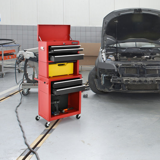 Armadio per attrezzi con serratura manico 6 cassetti portata 90kg, Carrello porta attrezzi per garage Rosso e nero-Deposito utensili Tool